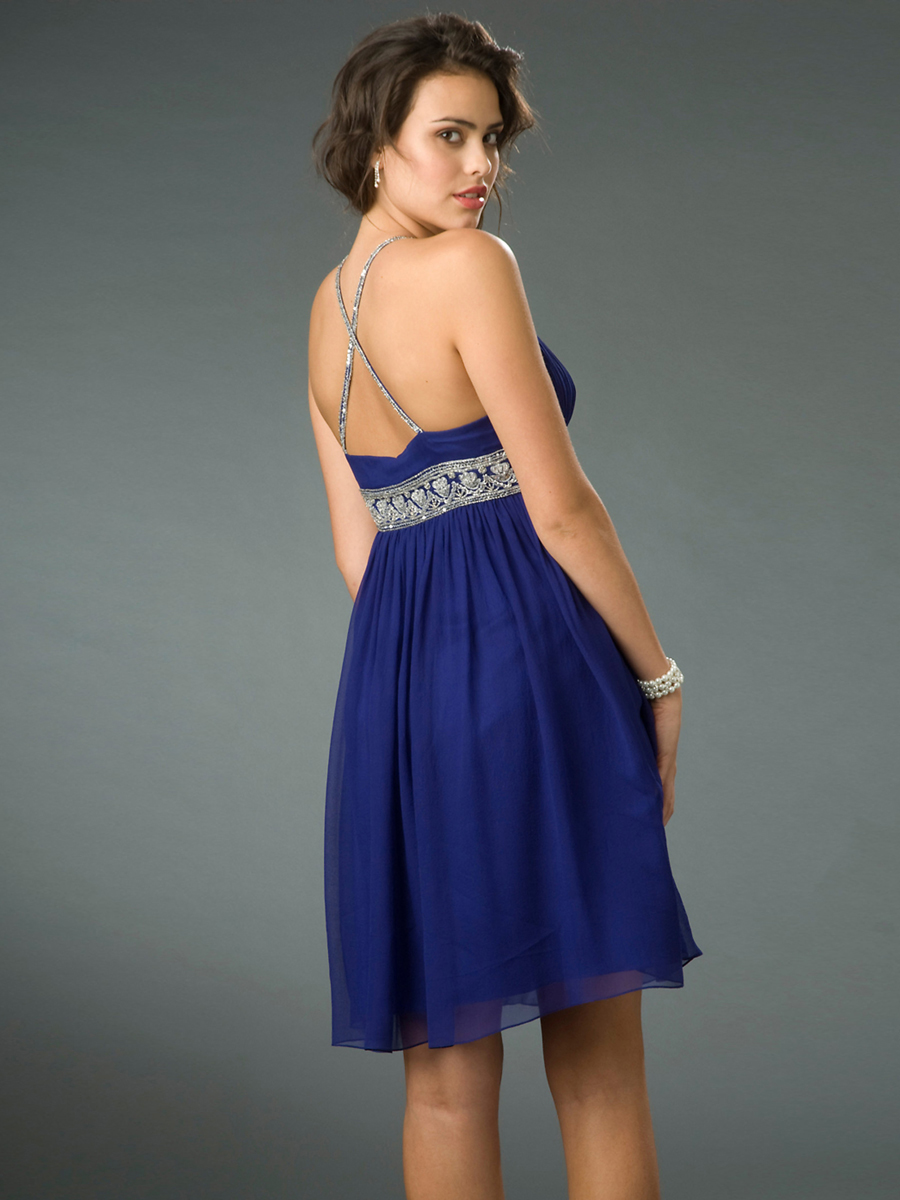 Очаровательная шеи Jewel-Line колен темно Royal Blue шифон Матери Кольцо невесты платье