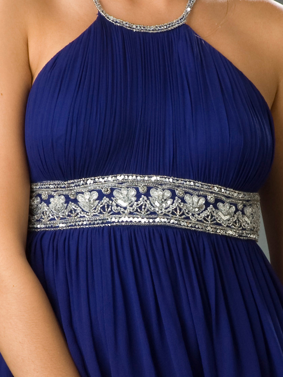 Cuello joya con Encanto A-Line la rodilla-longitud Oscuro Royal Blue Band gasa Madre de Vestido de novia