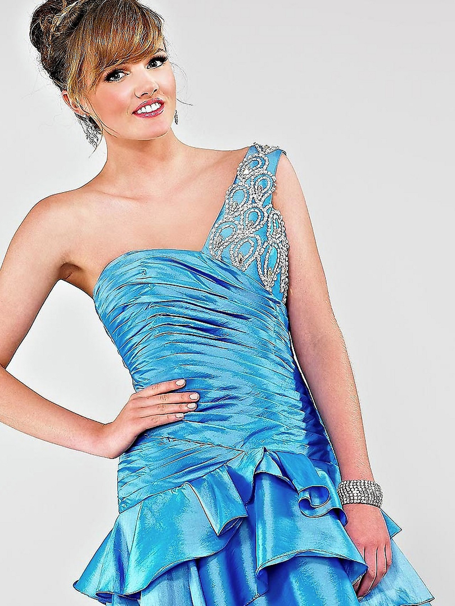 Sequins Embellished Strap Sweetheart and Short Layered Skirt Taffeta Prom Dresses