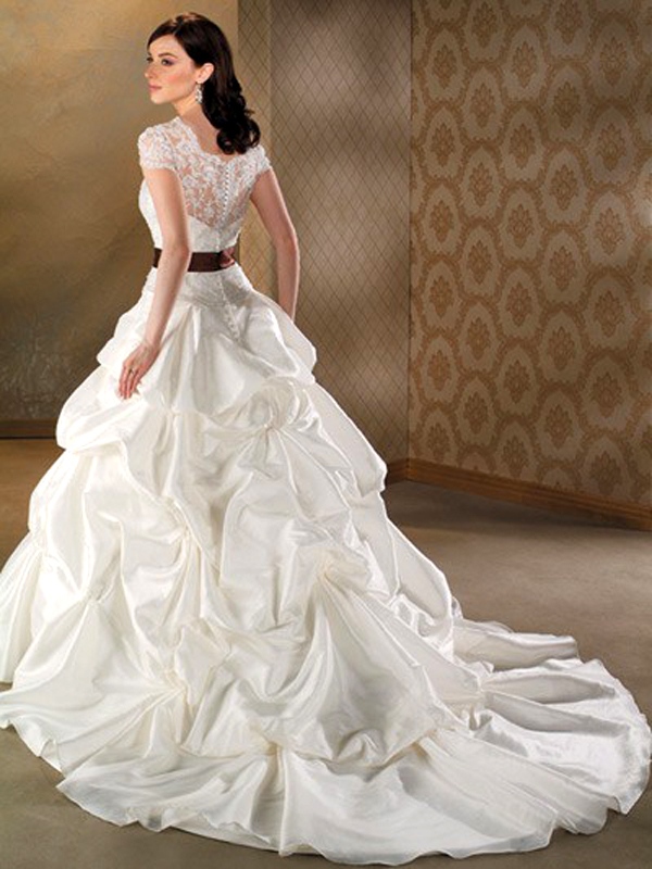 Short Sleeves with Sash and Pick-Up Design in Chapel Train Wedding Dress
