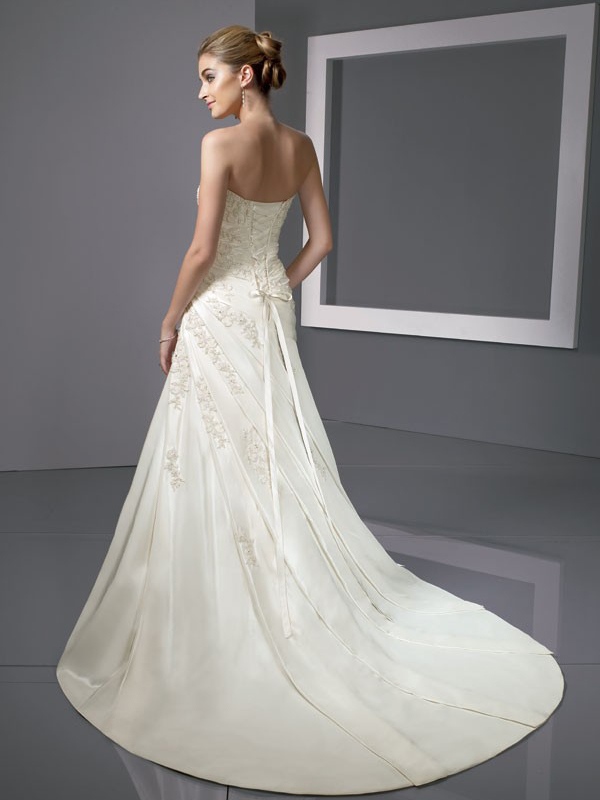 Floor Length Strapless White Taffeta Gown with Asymmetrical Embroidery