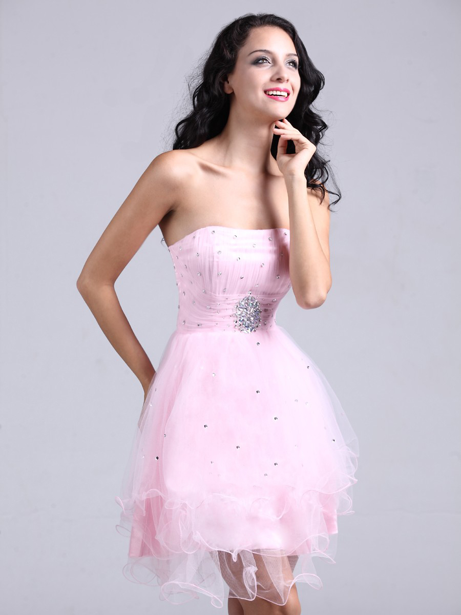 Sweet Short-length Tulle and Satin Homecoming Dress with Rhinestones