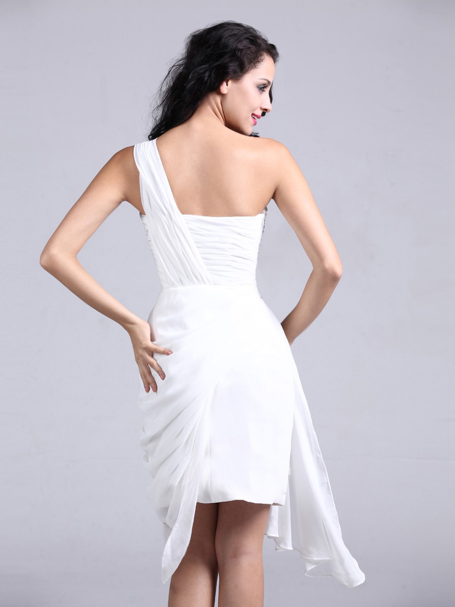 Pure White One-Schulter knielang Chiffon Kleid mit Strass an der Taille