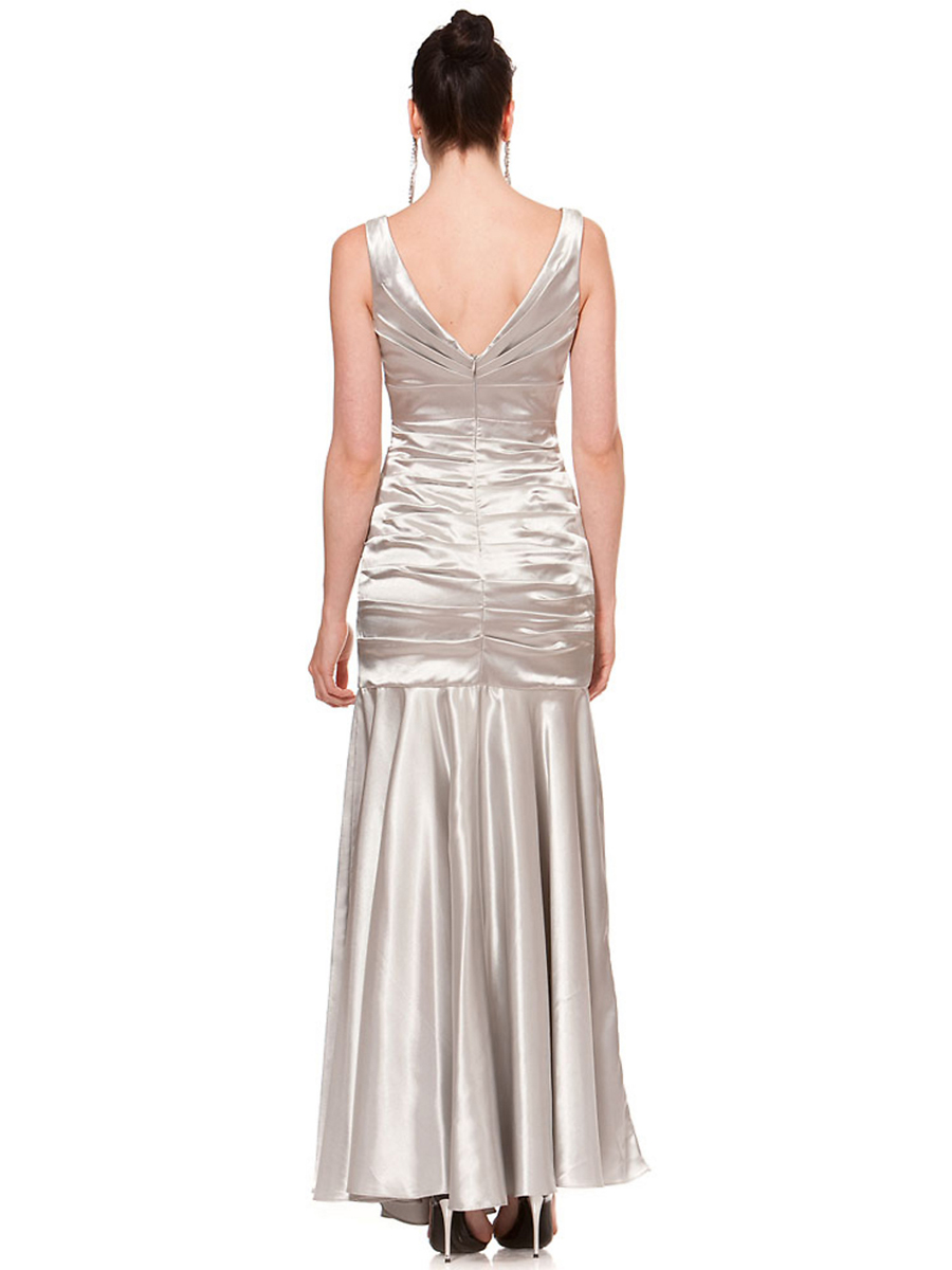 Elegant Floor-length V-neck Floral Silver Satin Dress