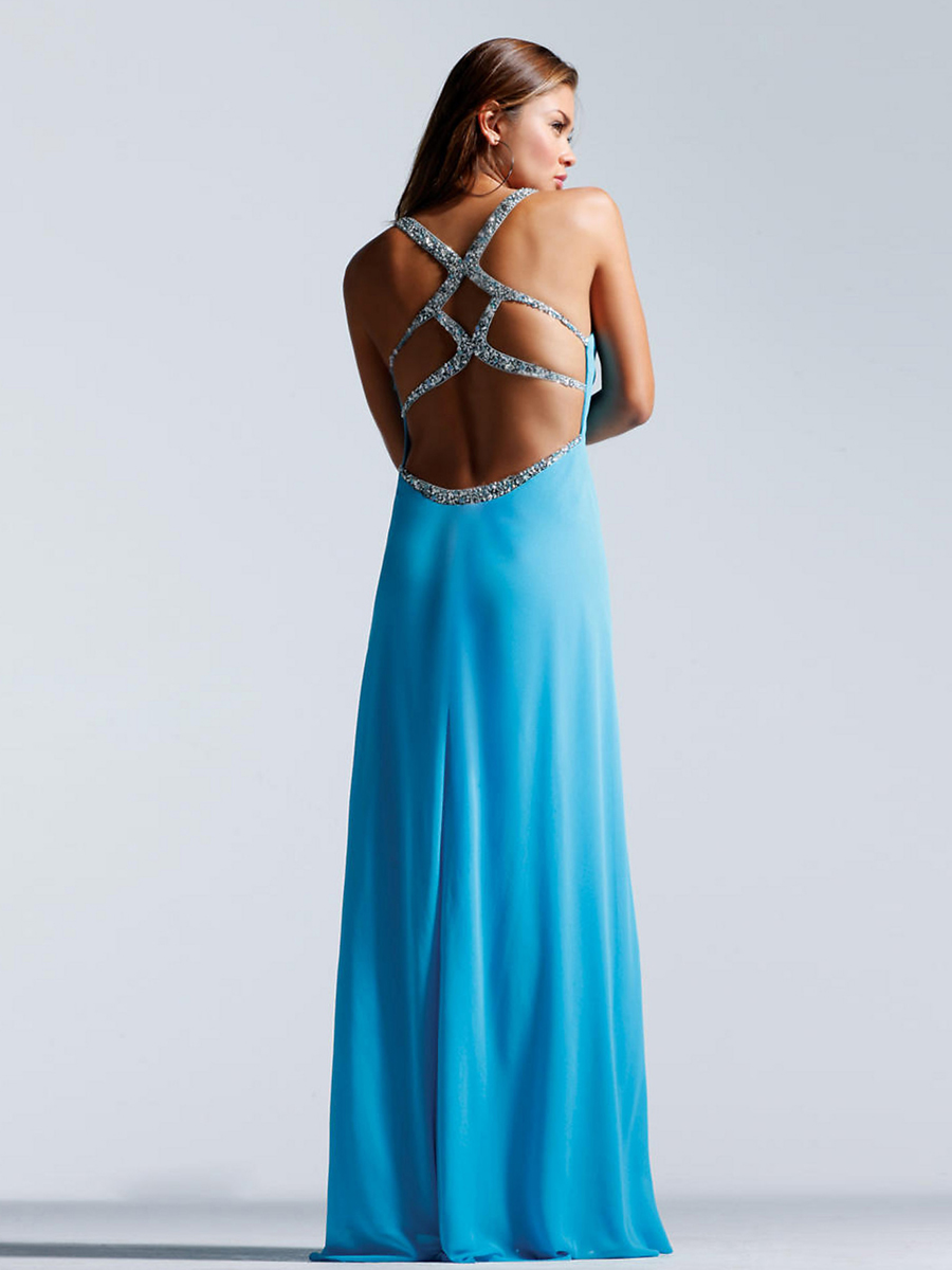 Modern Deep V-neck Chiffon Evening Dress with Rhinestoned Spaghetti Straps