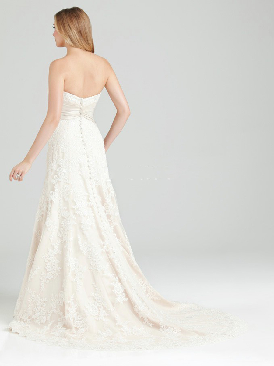 Luxuoso Lacy alinhado inteiramente Querida bordado cetim vestido de noiva A-line com Rhinestones