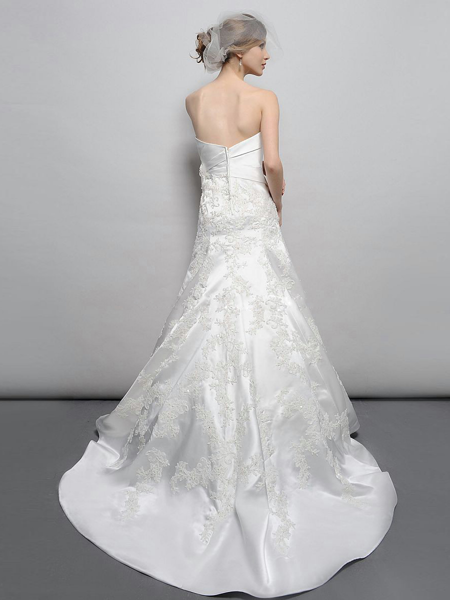Elegante de alta qualidade cetim bordado Strapless vestido branco de casamento Uma linha com trem da varredura
