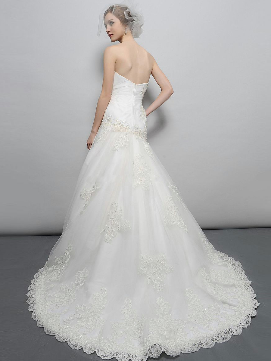 Princess Feeling Strapless Fully Lined Lace-up Dropped Waistline Wedding Dress with Sequins and Beadings