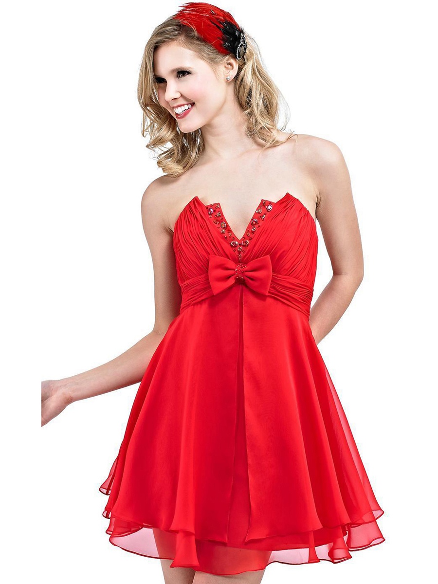Enchanting Strapless Notched Neck Short A-Line Red Chiffon Bow and Beaded Bridesmaid Dress