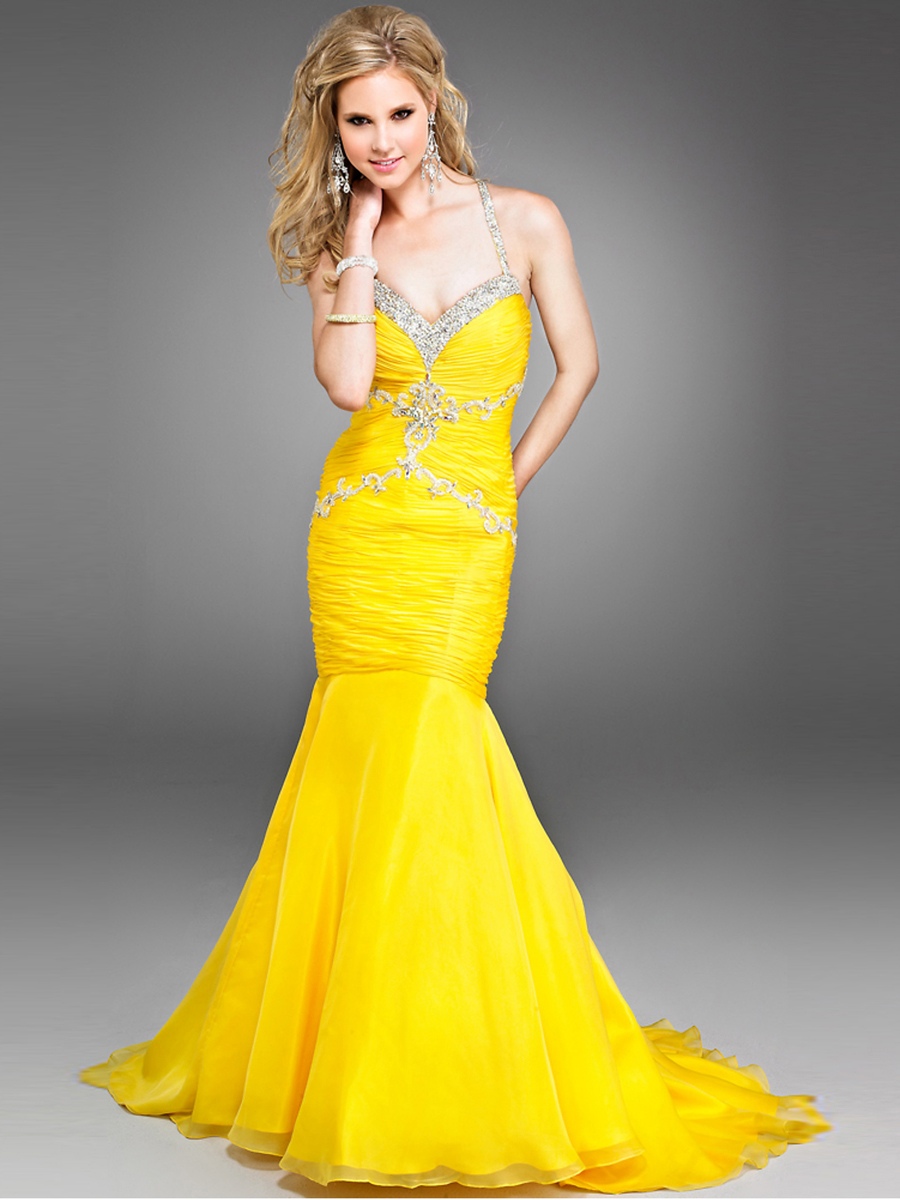 Yellow Chiffon Mermaid Beaded Halter Sweetheart Neckline Sleeveless Sweep Train Evening Dress