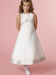 A-line Tea-length Satin Flower Girl Dress with Exquisite Beadings