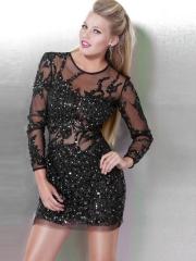 Adorable High Neck Black Rhinestone Embellished Tulle Sheath Cocktail Gown with Long Sleeves
