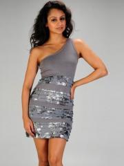 Adorable One-Shoulder Sheath Short Length Silver Elastic Chiffon and Sequined Cocktail Garment