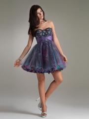 Adorable Strapless Short A-Line Purple Tulle and Multi-Color Printed Inlay Party Dresses