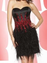 Adorable Strapless Short Sheath Black Satin and Feathered Cocktail Gown of Rhinestones