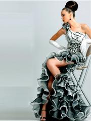 Amazing White Black Taffeta Organza Floral One-Shoulder Neckline Sleeveless Floor-Length Evening Dress