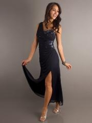 Ankle-Length Sheath Style One-Shoulder Black Draped Chiffon Beaded Prom Dresses