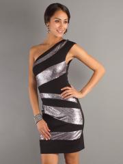 Appealing One-Shoulder Black Sleeveless Elastic Chiffon and Sequined Cocktail Dress
