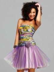 Appealing Strapless Multi-Color Printed Bodice and Lightweight Lavender Tulle Skirt Dress