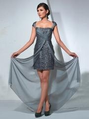 Asymmetrical Hem Sheath Short Queen Anne Neck Light Sky Blue Chiffon and Sequined Dress
