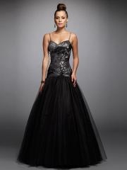 Ball Gown Floor Length Black Printed and Tulle Underlay Spaghetti Strap Neck Party Dress