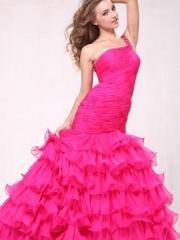 Ball Gown Floor Length Fuchsia One-Shoulder Multi-Tiered Beaded Quinceanera Dresses
