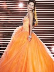 Ball Gown Strapless Floor Length Orange Tulle Beaded Bodice Quinceanera Dresses
