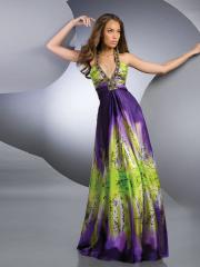 Beaded Halter Neckline Multi Color Print Satin Floor Length Skirt Prom Dresses
