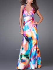Beaded Halter Waist Deep V-Neck Neckline Multi-Color Print Sleeveless Floor-Length Prom Dress