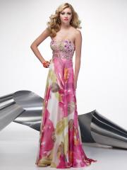 Beautiful Floral Print Chiffon Strapless Sweetheart Neckline Sequined Accented Evening Dresses