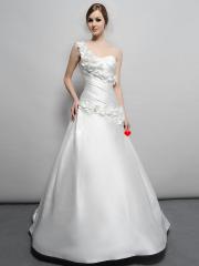 Beautiful Well-made Floral One-shoulder Ruffled Bodice Sweep Train Satin A-line Wedding Dress