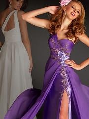 Bewitching One-Shoulder Purple or White Chiffon Slit Sheath Appliqued Celebrity Dress