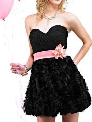 Black A-line Style Strapless Sweetheart Neckline Ruched Bodice Flower Ruffled Skirt Prom Dresses