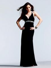 Black Chiffon Deep V-Neck Beaded Straps Neckline Sleeveless Floor-Length Evening Dress