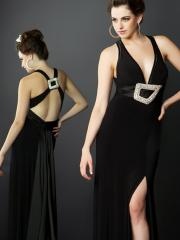 Black Chiffon Low V-neckline Open Back Sequined Beaded Trim Side Slit Celebrity Dresses
