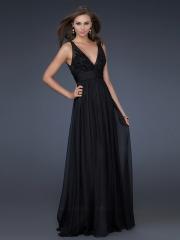 Black Chiffon V-Neck Sequined Bodice Neckline Sleeveless Floor-Length Celebrity Dress