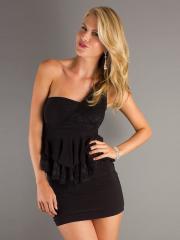 Black Elastic Chiffon One-shoulder Neckline and Lace Ruffled Accented Cocktail Dresses