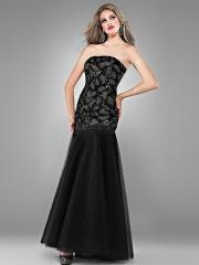 Black Ghost Strapless Floor Length Trumpet Satin and Tulle Evening Dresses