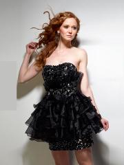 Black Ghost Strapless Mini Ball Gown Sequined Satin Bodice and Organza Skirt Dress