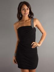 Black Elastic Chiffon A-Line Beaded One-Shoulder Neckline Sleeveless Short Homecoming Dress
