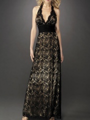 Black Lace Gold Taffeta Halter V-Neck Neckline Sleeveless Floor-Length Celebrity Dress