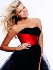 Black Organza Strapless Ruched Bodice Satin Band Flowing A-line Skirt Prom Dresses