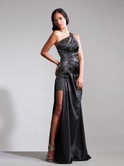 Black Satin Beaded One-Shoulder Neckline Sleeveless Floor-Length Celebrity Dress