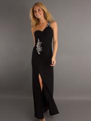 Black Satin Beaded One-Shoulder Sweetheart Neckline Sleeveless Side Slit Floor-Length Celebrity Dress