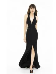 Black Sexy Low V-neck Prom Dress with Side Cut Outs and Floor Length Skirt