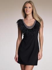 Black Taffeta Deep Scoop Neckline Sequins and Feather Embellishment Cocktail Dresses