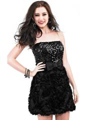 Black Witch Strapless Mini Sheath Sequined Bodice and Rosettes Skirt Homecoming Dress