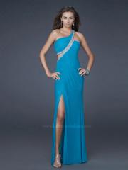 Blue Chiffon Jeweled One-Shoulder Neckline Sleeveless Floor-Length Side Slit Celebrity Dress