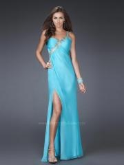 Blue Chiffon One-shoulder Sweetheart Neckline Sequined Accented Side Slit Evening Dresses