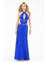 Blue Chiffon Sequined Jewel Keyhole Neckline Sleeveless Floor-Length Evening Dress